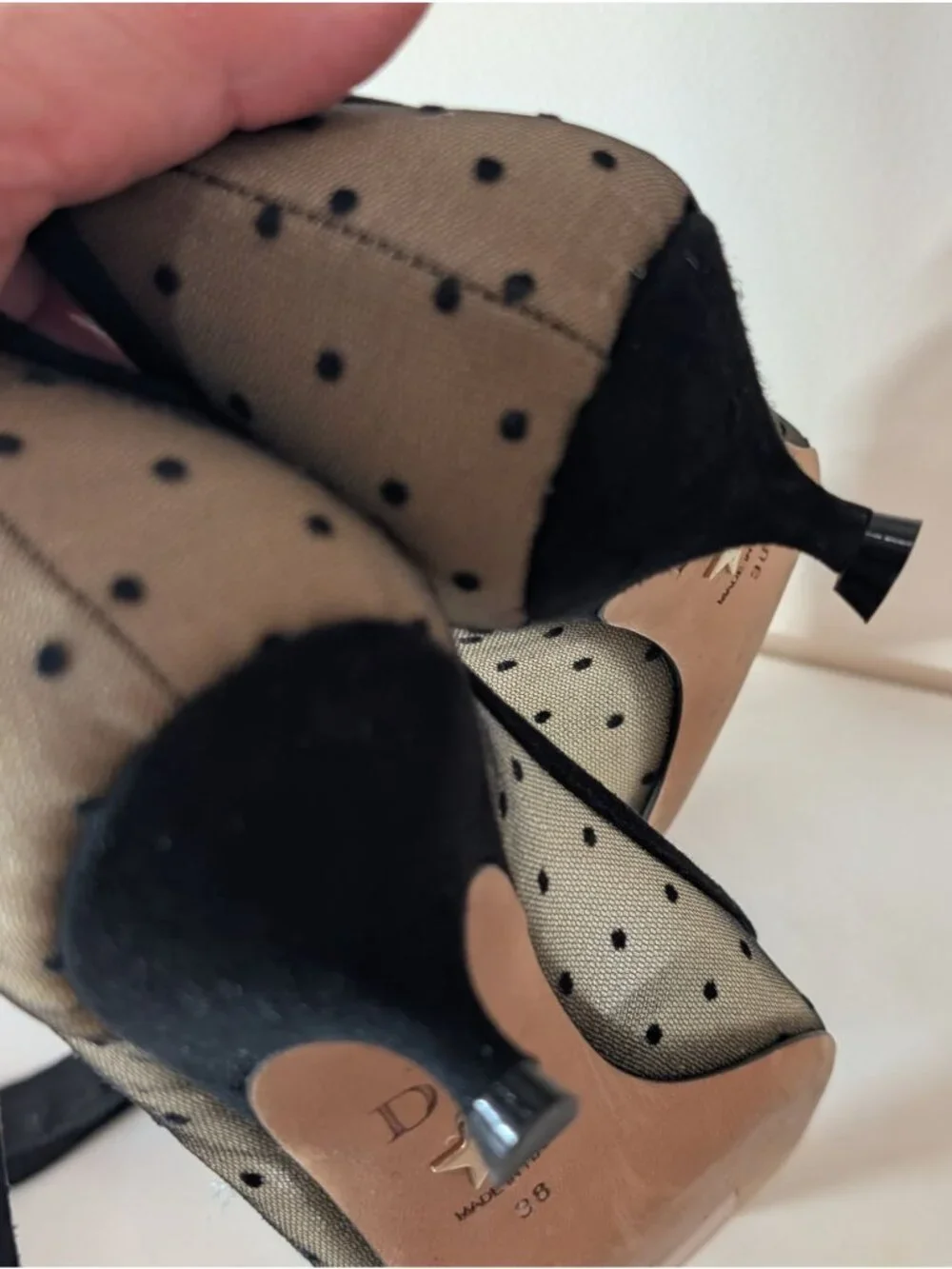 Christian Dior Black Mesh Suede Polka Dot Kitten Heel Pumps, Size 38
